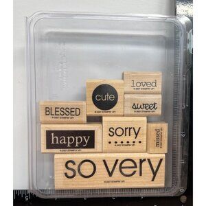 Stampin Up Set Of 8 Wood Mounted Rubber Stamps "So Very" With Plastic Case